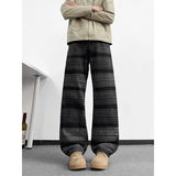Riolio  Men's American Vintage Striped Denim Pants Washed Loose Straight Casual Flare Trousers