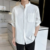 Riolio  Stand Collar Men's Shirt Cotton Linen Blend Half Sleeves Henley Neck Summer Casual Breathable Solid Color Loose Shirt Men