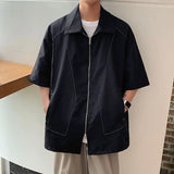 Riolio  Summer Bright Thread Splicing Short-sleeved Shirt for Men Double Zippered Cardigan