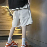 Riolio  Men's New Elastic and Fashionable Solid Color Loose High Street Casual Five-point Multi-pocket Ice Silk Work Shorts