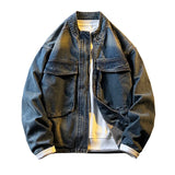 Riolio Spring Autumn Old Blue Loose Large Pocket Stand Collar Denim Jacket Men's Retro American High Street Zipper Jacket Top Urban