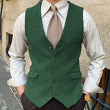 Riolio  Men Vest Blue Herringbone Solid Color Single Button Waistcoat For Wedding Business Banquet Work Formal Men Suit Vest