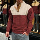Riolio  Men's Corduroy Color Block Henley Shirt Casual Button-Up Stand Collar Pullover with Elbow Patches