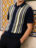 Riolio  Daily Casual Short Sleeve Slim Mens Polo Shirts Knitting Striped Pullover Tops Spring Summer Men Leisure Buttoned Lapel Polos