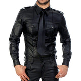 Riolio  Fashion Black Faux Leather Men Oversize Fitness Shirts Long Sleeves Pocket PU Metal Fastener Tops Tees Sexy Slim Fit Sexy Shirt