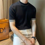 Riolio Men's Clothing Fashion Patchwork Tops Luxury High Quality Knit O Neck Short-sleeved T-shirt Leisure Popular Retro Slim Knitwear