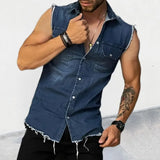 Riolio Spring/Summer New Men's Denim T-shirt With Lapel, Sleeveless Cardigan, Single Breasted Top Pocket