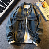 Riolio Spring Autumn Old Blue Loose Large Pocket Stand Collar Denim Jacket Men's Retro American High Street Zipper Jacket Top Urban