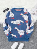 Riolio New Popular Autumn Winter Cute Duck Jacquard Pattern Pullover Sweater Casual Round Neck Contrast Color Knitted Men's Pullover