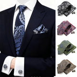 Riolio  New Men's Polyester Tie Pocket Square Cufflink Set Green Wine Red Brown Paisley Flower Necktie Business Party Accessories Gifts
