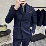 Riolio  ( Blazers + Pants ) Boutique Fashion Solid Color Double-breasted Men's Casual Business Slim Suit 2-piece Set Groom Wedding Dress