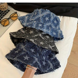Riolio  Man Vintage Denim Bucket Hat with Star Embroidery Wide Brim Sun Casual Summer Cap for Women Machine Washable