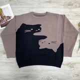 Riolio  Autumn/Winter New Color-Block Cat-Print Knit Sweater for Women - Loose and Casual Style Student Pullover