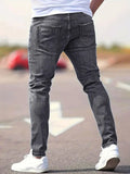 Riolio  Men's American Retro Hole-Punched Stretch Slim Fit Jeans Zipper Casual Streetwear Denim Pants Classic Black Blue Skinny Trousers