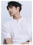 Riolio New Fashion American Style Men T-shirt Luxury Striped Knitted Henry Collar Tees Casual Solid Color Short Sleeve Breathable Tops