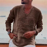Riolio  Spring Summer Fashion Men Cotton Linen T-shirts Vintage Solid Casual Loose Oversized Tees Tops V-neck Long Sleeve T-Shirts Man