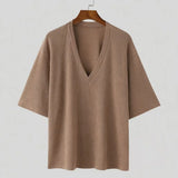 Riolio  New Summer Men's Vintage Solid Ribbed T-Shirts Trendy V-Neck Knitted Loose Elasticity T-shirt Fashion Men Half Sleeve Tees