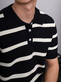 Riolio  Summer Daily Casual Mens Slim Polo Shirt Knitted Striped Crochet Polo Shirts Men Vintage Buttoned Polo Neck Knitting Polos