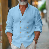 Riolio Vintage Double Breasted Linen Shirts Men Classic Stand Collar Solid Color Cotton Linen Cardigan Mens Tops Long Sleeve Shirt Male