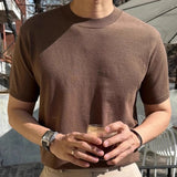 Riolio  Summer Casual Mens Ice Silk Knit Tops Leisure Breathable Solid Color Slim Knitting T Shirts Men Fashion Short Sleeve Tees
