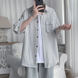 Riolio  Men Trend Japanese Style Vintage Simple Casual High Street Button Shirt Lapel Short Sleeve Loose All Match Tops Camisa Masculina