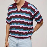 Riolio  Fashionable Hollow Out Knitting Mens Polo Shirt Summer Casual Turn-down Collar Short Sleeve Tops Men Stylish Striped Polo Shirts