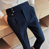 Riolio British Style Spring New Solid Business Casual Suit Pants High Waist Button Men Formal Pants High Quality Slim Office Trousers