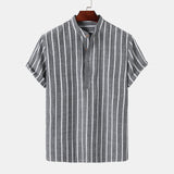Cotton Linen Shirt Men's Summer Short-sleeved Striped Shirts Solid Color Turn-down Collar Casual Beach Style Blouse Top Pullover