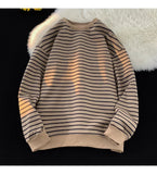 Riolio  Men's Tri-color Striped Sweatshirt American Classic Style Retro Casual Round Neck Top Unisex College Style Trendy Menswear