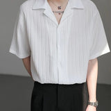 Riolio  Men Casual Cuban Collar Short Sleeve Shirt Vertical Striped Textured Loose Fit Button Down Shirt For Daily Streetwear