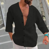 Riolio  Summer Fashion Solid Shirts For Men Top Casual Loose Simple Retro Cardigan Quarter Sleeves Pullover Waffle Shirts Male Clothing