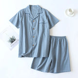 Riolio Men's Pajamas Summer Thin Short-sleeved Shorts Washed Cotton Simple Japanese Plaid Home Service Suit Pantalon Pijama Hombre