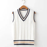 Riolio  Striped White Knitted Sweaters for Men Blue Sleeveless Man Clothes V Neck Vest Red Waistcoat Jumpers Sweat-shirt Cigaret Cotton