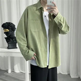 Riolio Spring Autumn Fashion Polo Neck Long Sleeved Shirt Men's Clothing Casual Versatile Solid Color Pocket Button Rope Hombre Tops