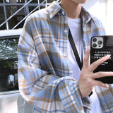 Riolio Autumn Thick Woolen Shirt Men Fashion Retro Casual Oversized Plaid Shirts Mens Korean Blue/Green Loose Long-sleeved Shirt Men