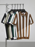 Riolio  Fashionable Mens Hollow Out Knit Polo Shirts Shorts Sleeve Button Turn-down Collar Casual Pullover Tops Men Summer Vintage Polos