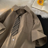 Riolio Loose Men's ort Sve Work irt Summer Casual Outerwear Vintage Japanese Sle Couple'sDK orm Pure Color arp Collar