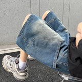 Riolio Summer New Baggy Denim Shorts Fashion Casual Straight Harajuku Jeans Male Vintage Wash Drawstring Short Pants Streetwear