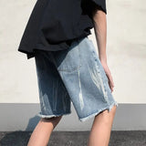 Riolio  New Ripped Denim Shorts Men's High Street Straight Leg Fringed Five Quarter Pants
