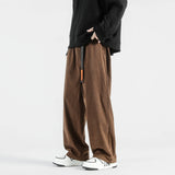 Riolio  Autumn Winter Men's High Waist Pockets Solid Screw Thread Elastic Casual Loose Straight Leg Trousers Fashion Office Lady Pants