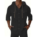 Riolio  Men's Linen Hooded Shirt Casual Solid Color Long Sleeve Beach Button Tops