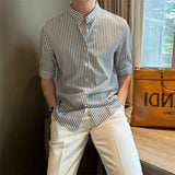 Riolio New Fashion Striped Stand Collar Men Shirts Luxury Casual Textured Half Sleeve Cardigan Tops Summer Business Slim-fit Blouse