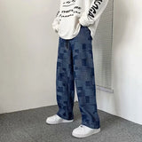 Riolio Autumn Blue Black Plaid Jeans For Men Y2K Vintage Wide-leg Jean High Street Loose Straight Denim Trousers Hip Hop Pantalones