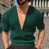 Riolio  Men's Deep V-Neck Waffle Knit Short Sleeve T-Shirt Slim Fit Casual Muscle Top