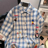 Riolio Men and women trendy retro checkered short sleeved embroidered shirt American summer couple loose casual short sleeved shirt Y2K