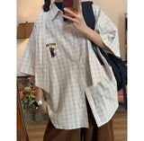 Riolio New Summer Retro American Men and Women Trendy Plaid Collar Short Sleeve College Casual Shirt Embroidered Plaid Loose Casual y2k