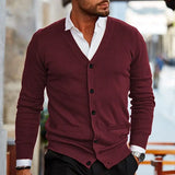 Riolio  Spring Autumn Mens Solid Color Knitted Cardigan Fashion V-Neck Long Sleeve Slim Fit Sweater Coat with Pockets Men Knit Outwear