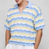 Riolio  Fashionable Hollow Out Knitting Mens Polo Shirt Summer Casual Turn-down Collar Short Sleeve Tops Men Stylish Striped Polo Shirts
