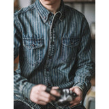Riolio Retro Vertical Striped Denim Shirt Heavy American Casual Vintage Workwear Clothes Washing Old Pockets Long-sleeve Shirt
