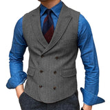 Riolio  Men Vest Brown Herringbone With Lapel Waistcoat Vintage Regular Slim Business Banquet Business Casual Men Suit Vest